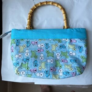 Blue Kitty Cats Handbag with Bamboo Handles